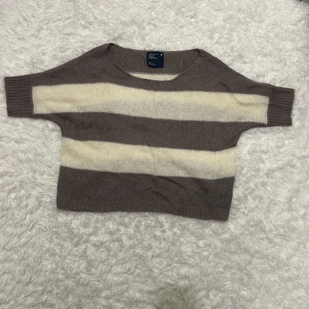 American Eagle Wide Cut taupe cream Striped Sweater short sleeve top large